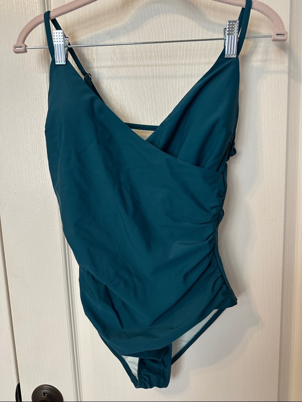Suuksess Women’s Deep Teal V-Neck One-Piece Swimsuit with Ruched Side